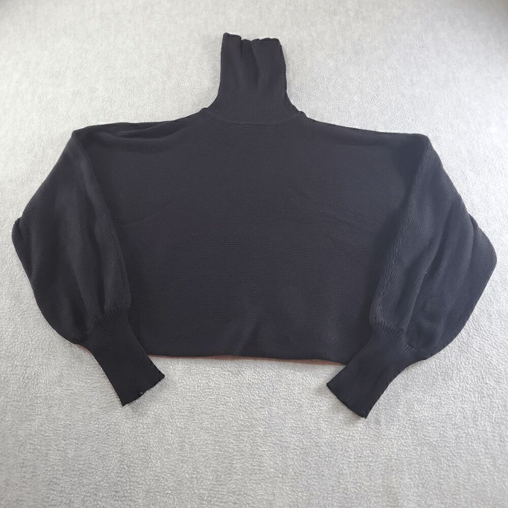 Pink Rose Knit Sweater Womens Medium Black Ribbed Rayon Raglan Sleeve Turtleneck